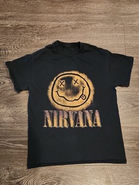 Nirvana Smiley Logo Gradient Black Graphic T-Shirt Mens Medium Band Tee